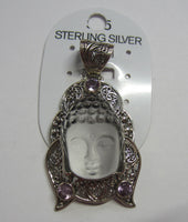 Solid 925 Sterling Silver Pendant with Buddha Face and Amethyst Gemstones Pendant