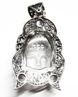 Solid 925 Sterling Silver Pendant with Buddha Face and Amethyst Gemstones Pendant
