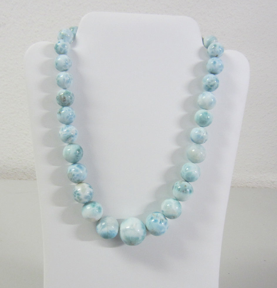 20" High Quality Larimar Round Bead Necklace Jewelry Sterling Silver 12mm 23mm
