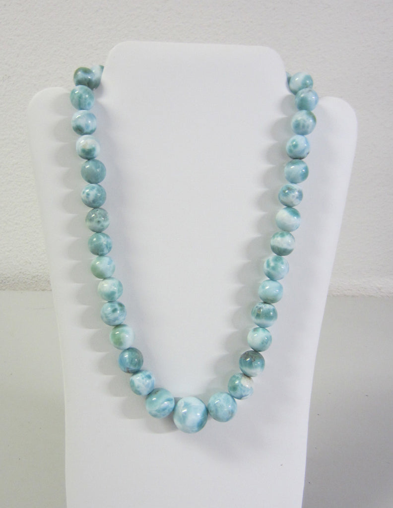 22" High Quality Larimar Round Bead Necklace Jewelry Sterling Silver 12mm 21mm