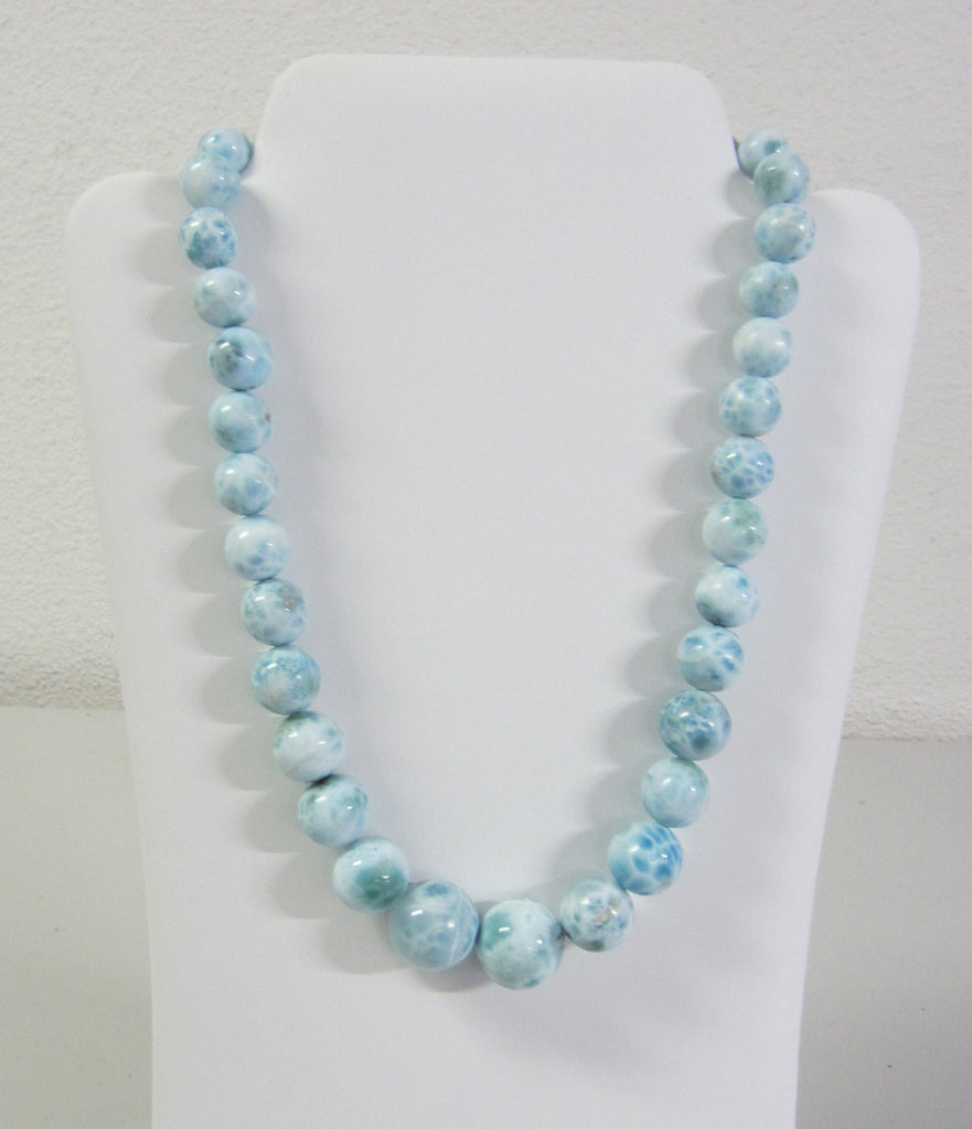 20" High Quality Larimar Round Bead Necklace Jewelry Sterling Silver 10mm 20mm