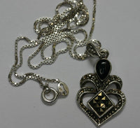 Swiss Marcasite Black Onyx in Solid 925 Sterling Silver Pendant FREE Sterling Silver Chain US SELLER