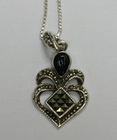 Swiss Marcasite Black Onyx in Solid 925 Sterling Silver Pendant FREE Sterling Silver Chain US SELLER