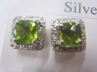 7mm Princess cut Natural Peridot 11mm Sterling Silver Earrings Cz FREE Red Velvet Box US SELLER