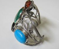 67.4mm Sterling Silver Handmade Multi-Stone Bangle Cuff Bracelet Adjustable