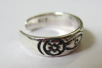 Solid 925 Sterling Silver Adjustable Toe Ring Flowers Oxidized Jewelry