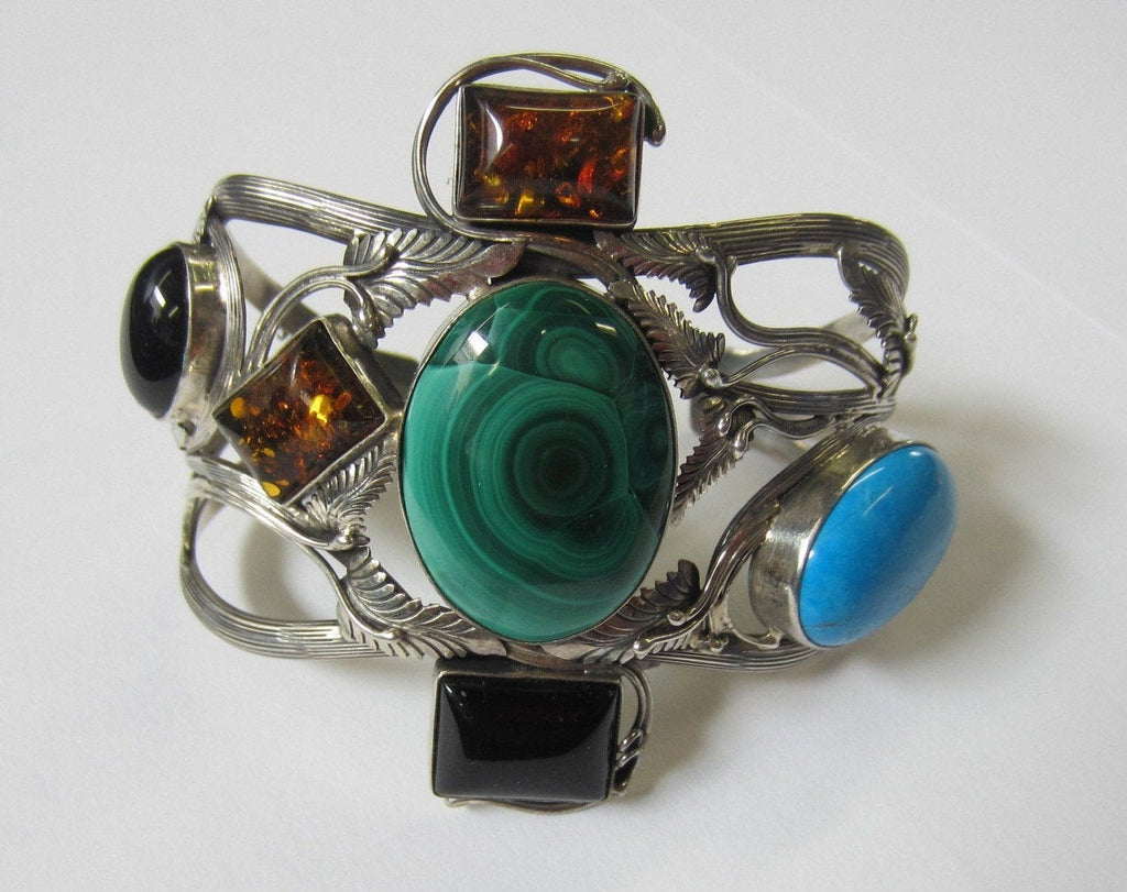 67.4mm Sterling Silver Handmade Multi-Stone Bangle Cuff Bracelet Adjustable