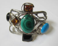 67.4mm Sterling Silver Handmade Multi-Stone Bangle Cuff Bracelet Adjustable