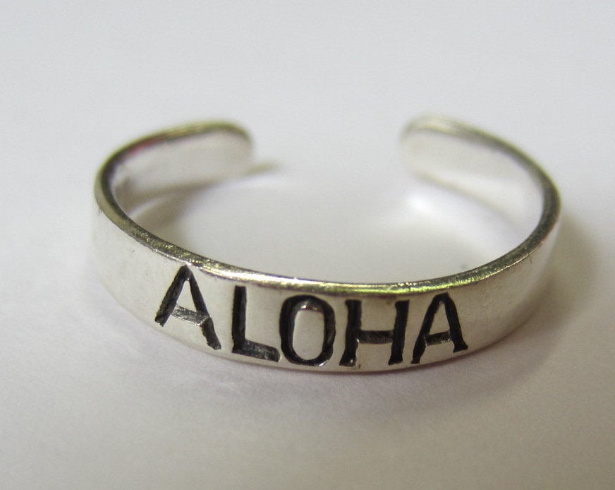 3.4mm Sterling Silver Adjustable Toe Ring ALOHA Design Oxidized Jewelry