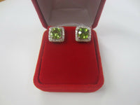 7mm Princess cut Peridot 11mm Sterling Silver Earrings CZ Free Red Velvet Box