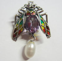 Solid 925 Sterling Silver Brooch Pendant with Natural Enamel Amethyst Pearl Jewelry