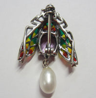 Solid 925 Sterling Silver Brooch Pendant with Natural Enamel Amethyst Pearl Jewelry