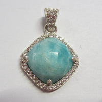 Solid 925 Sterling Silver Pendant Faceted Larimar and CZ Gemstones Pendant