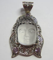 Solid 925 Sterling Silver Pendant with Buddha Face and Amethyst Gemstones Pendant