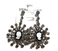 Solid 925 Sterling Silver Swiss Marcasite and Cameo Dangling Post Earring