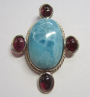 Solid 925 Sterling Silver Pendant with Oval Larimar and Garnet Gemstones Pendant